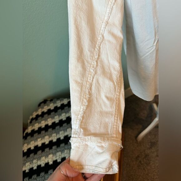 Free People Oversized Shirt Jacket Cream with Tan Exposed Stitching Raw Seams XS - Picture 2 of 9